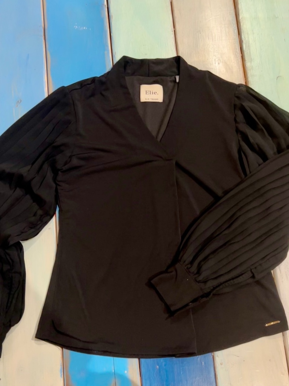 Elie Tahari Black Sheer Pleated Sleeve Blouse XS Draped Neck Career Top